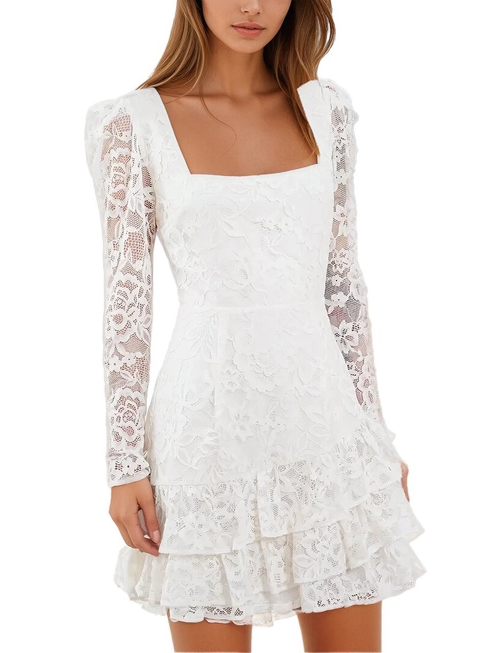 White Lace Square Neck Mini Dress